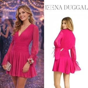 Ieena for Mac Duggal pleated bell sleeve chiffon short gown prom party hoco